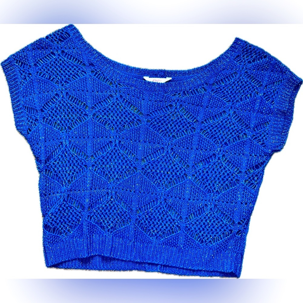 XS Royal Blue Candie's Crochet Cropped Sweater with Button Design in the back